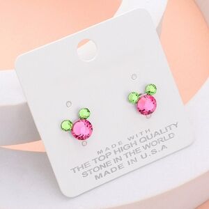 Pink & Green Mouse Two Tone Rhinestone Crystal Stud Earrings Statement Jewelry